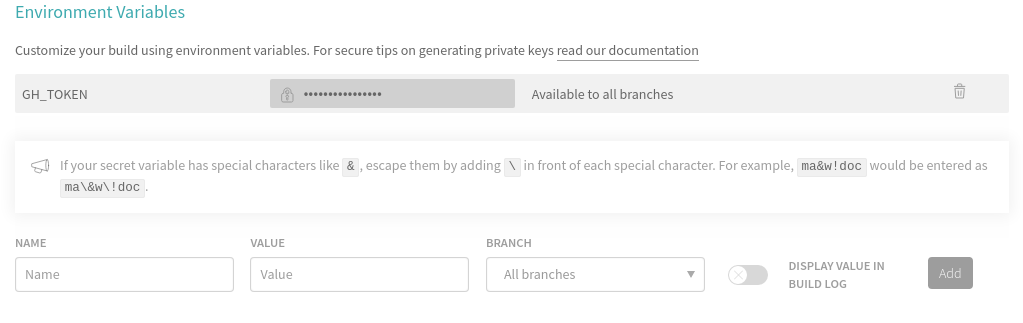 Travis setting access token