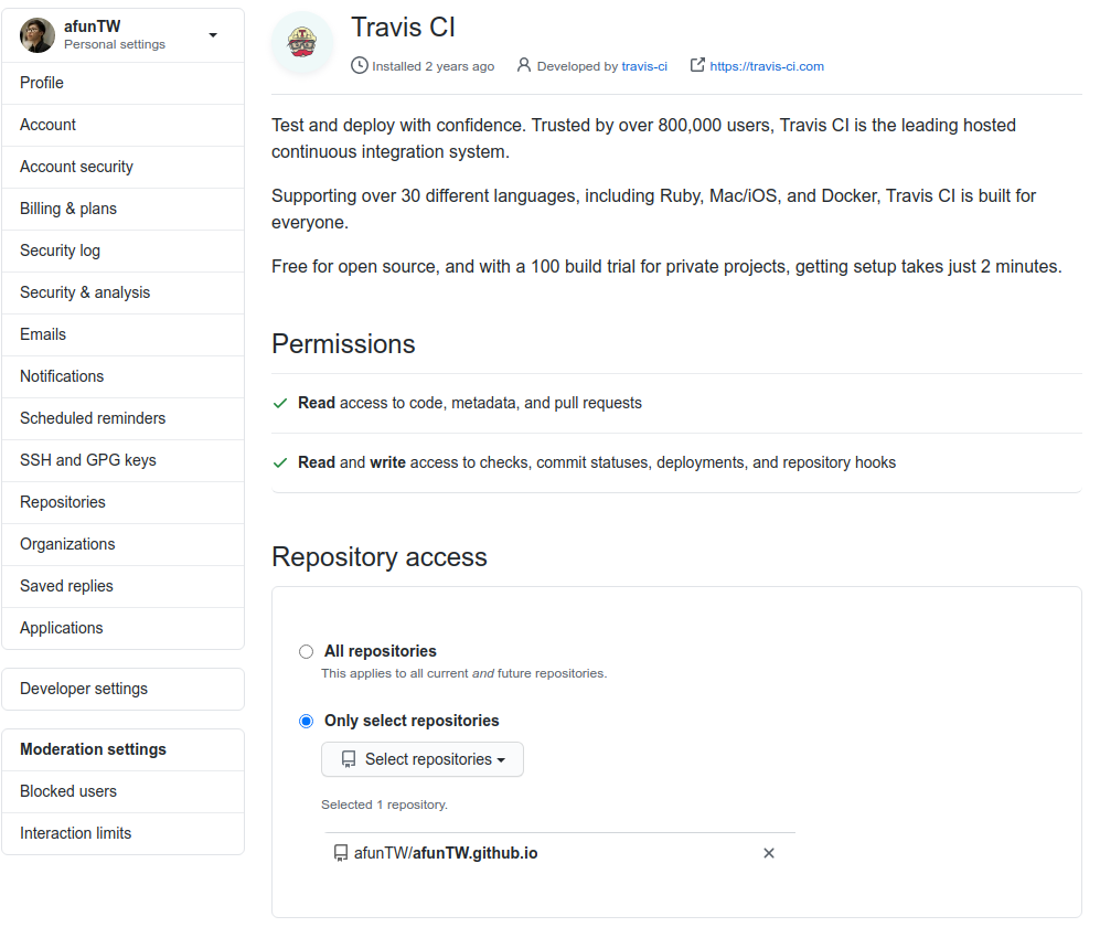 Setting travis on github